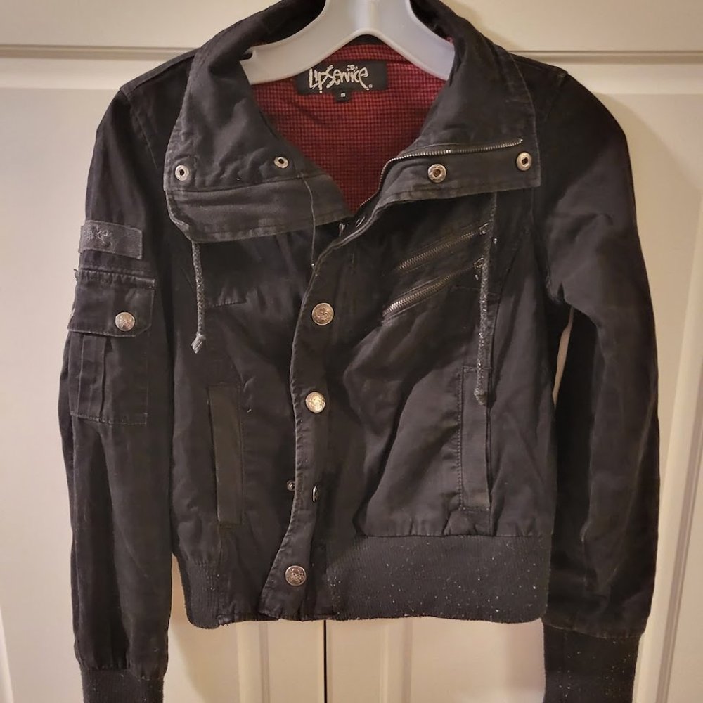 Lip Service Diagonal Closure Snap Black Bomber Jacket Size Small